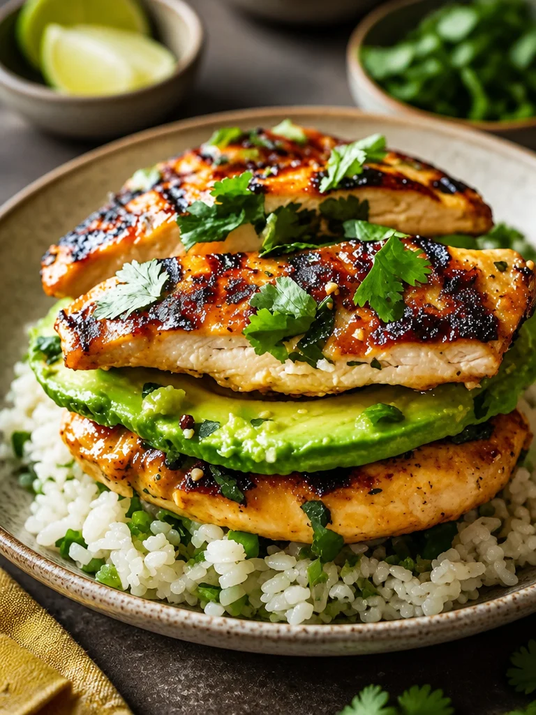 Honey Lime Chicken served with avocado rice on a plate