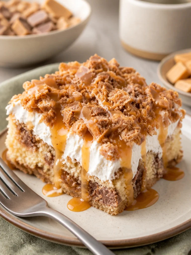 Incredible Butterfinger Poke Cake Delicious Butterfinger Poke Cake with chocolate and crunchy topping
