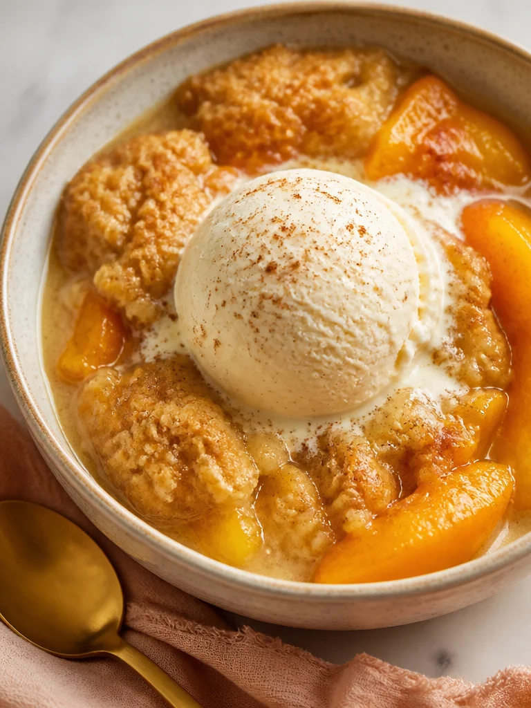 Delicious homemade peach cobbler with fresh peaches and golden crust