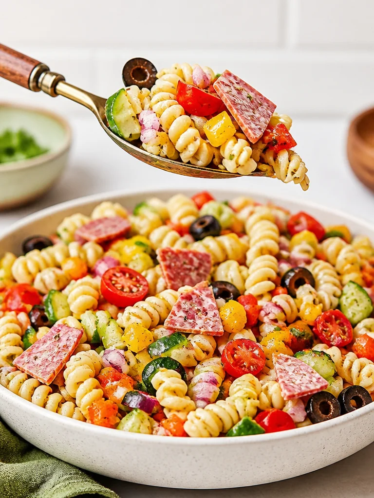 Incredible Ultimate Summer Pasta Salad Bowl of Incredible Ultimate Summer Pasta Salad with colorful vegetables