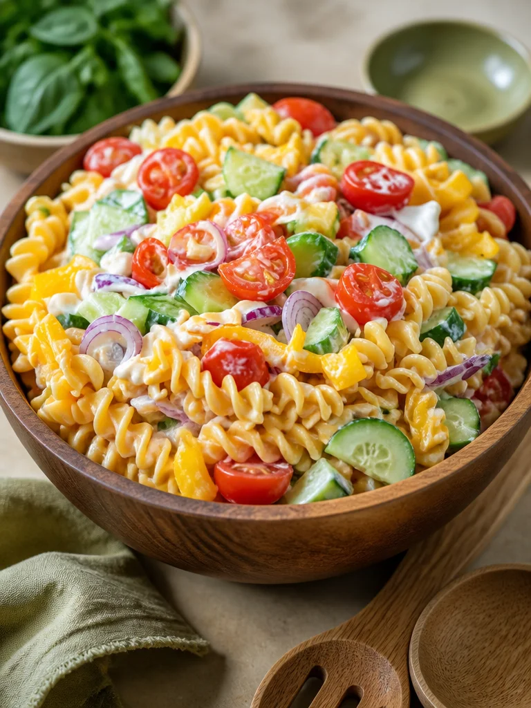 Layered pasta salad bowl with fresh vegetables and dressing