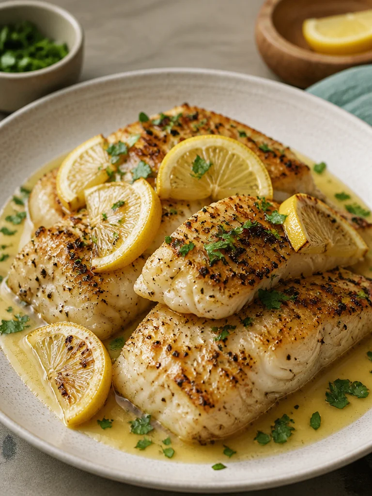 Lemon Butter Fish fillet garnished with lemon slices and herbs