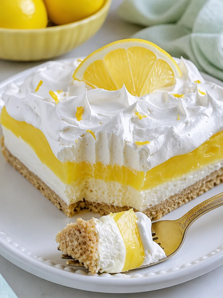 Delicious Lemon Lush Lasagna Cake with layers of lemon cream and fresh fruit