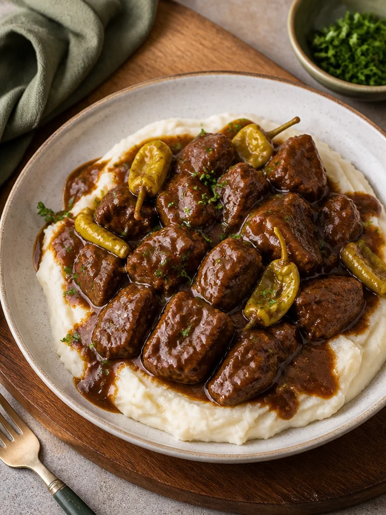 Delicious Mississippi steak bites served on a platter with dipping sauce