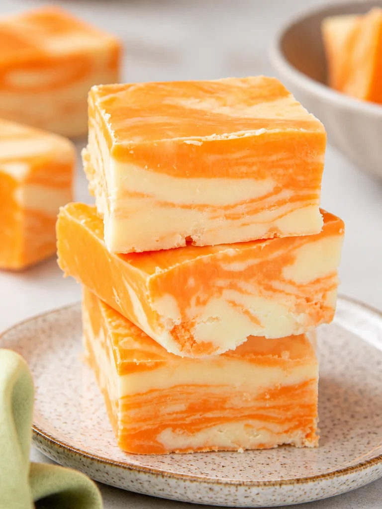 Delicious no-bake orange creamsicle fudge cut into squares on a plate.