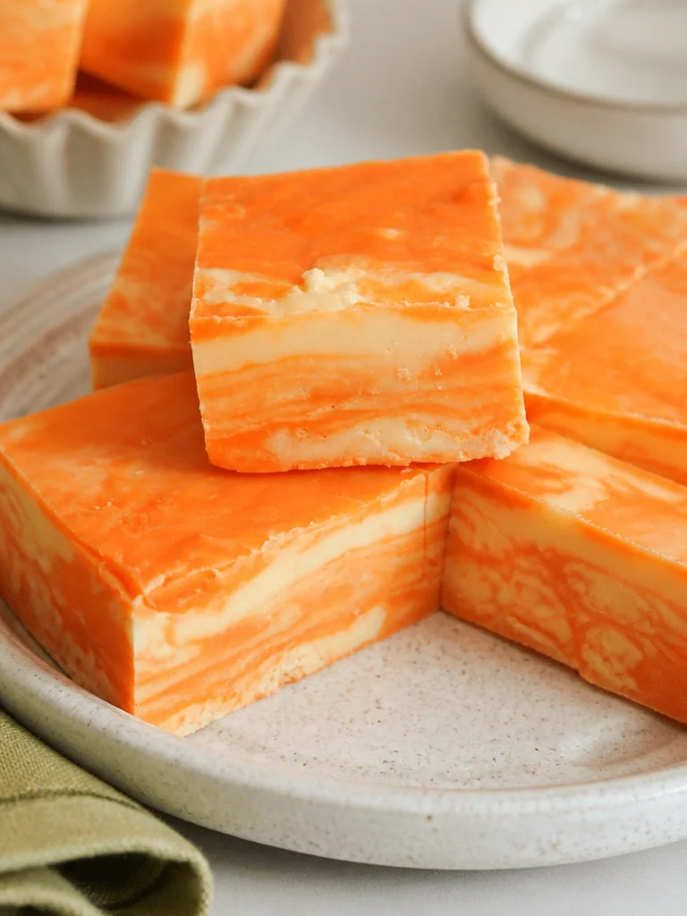 No Bake Orange Creamsicle Fudge No bake orange creamsicle fudge served on a white plate with orange slices