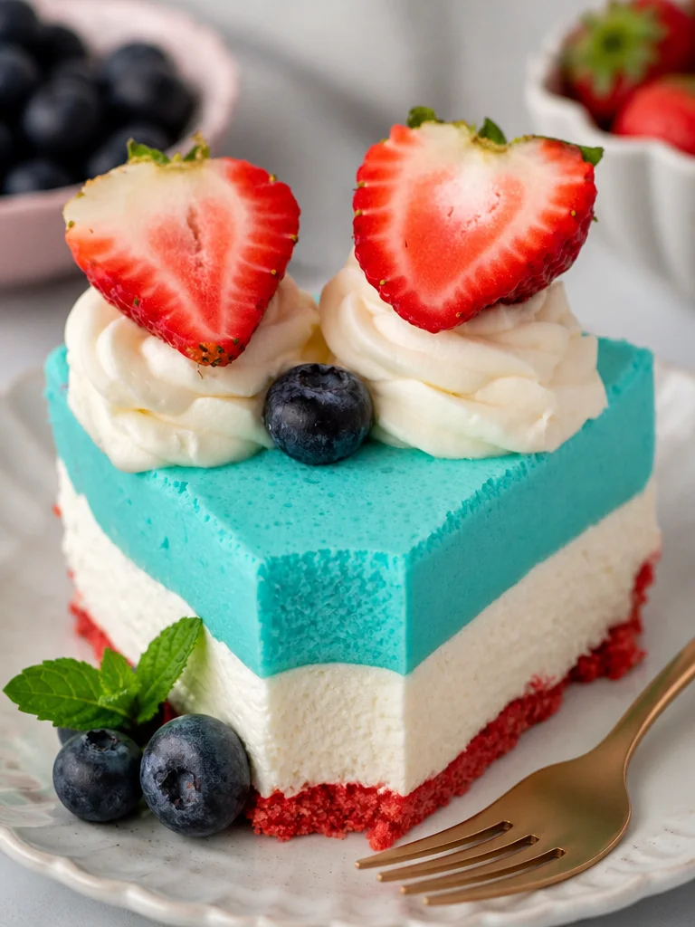 No Bake Patriotic Cheesecake with red, white, and blue toppings.