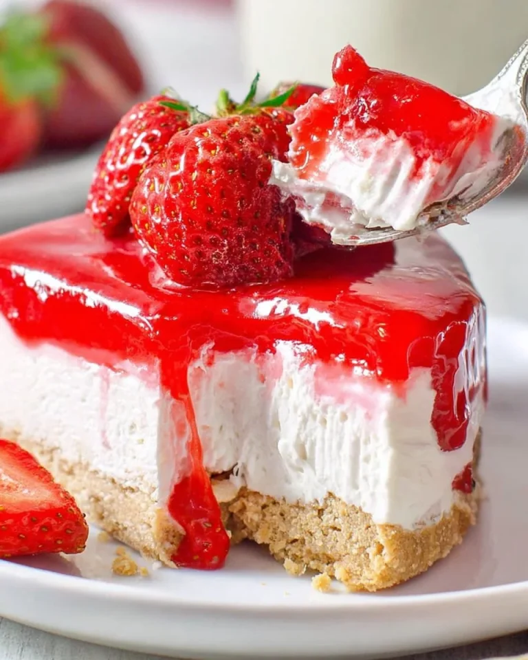 No Bake Strawberry Cheesecake Delight topped with fresh strawberries