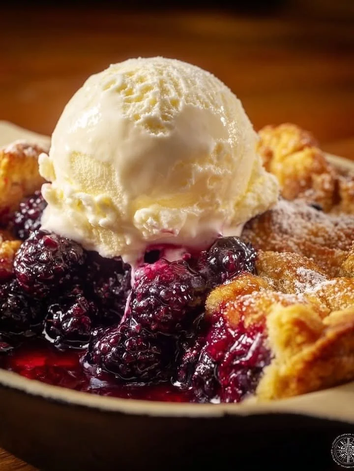Delicious old fashioned blackberry cobbler served warm with ice cream