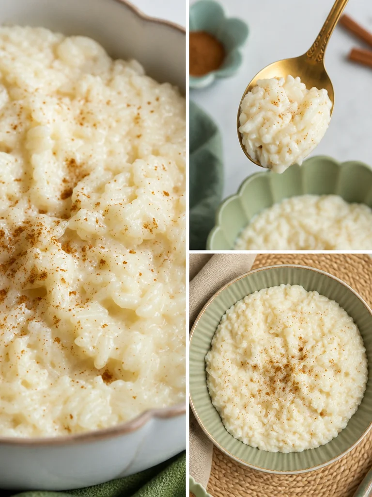 Bowl of old fashioned creamy rice pudding topped with cinnamon and raisins