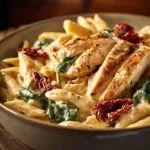 One pot creamy garlic Tuscan chicken pasta garnished with herbs
