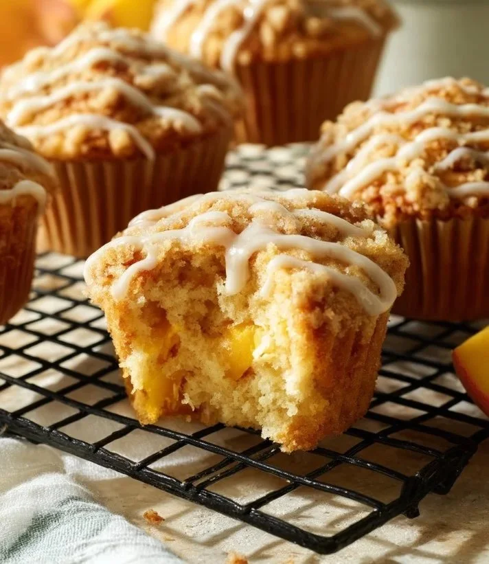 Freshly baked peach muffins with juicy pieces of peach on a cooling rack.