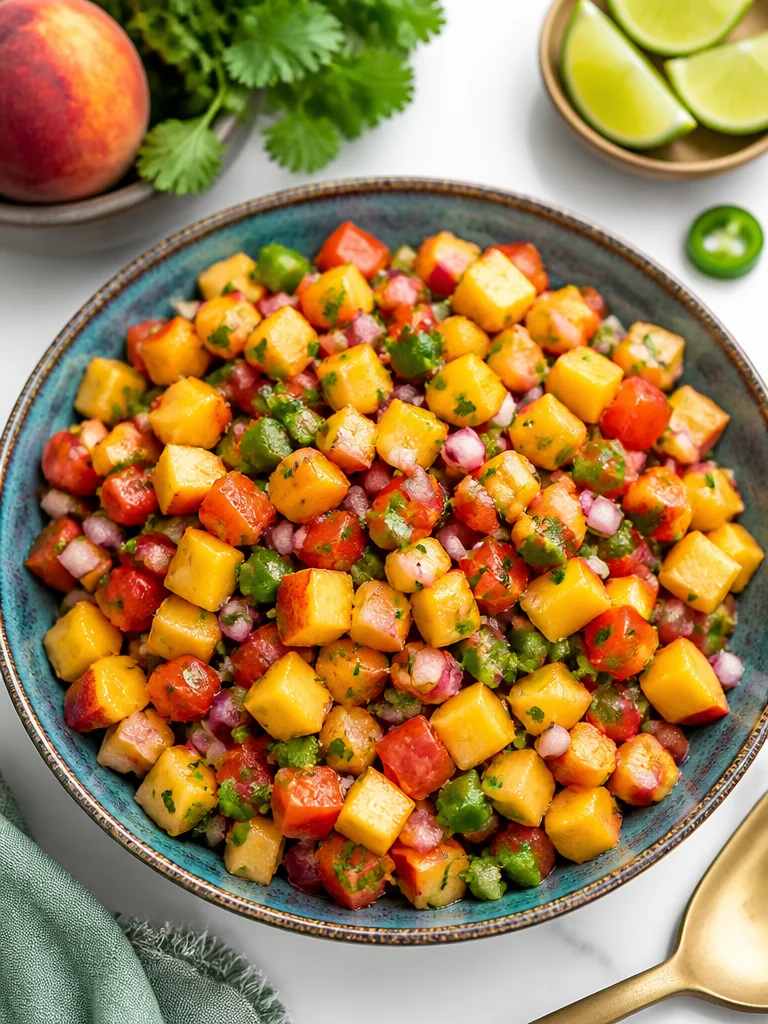 Freshly made Peach Salsa with diced peaches and herbs on a table