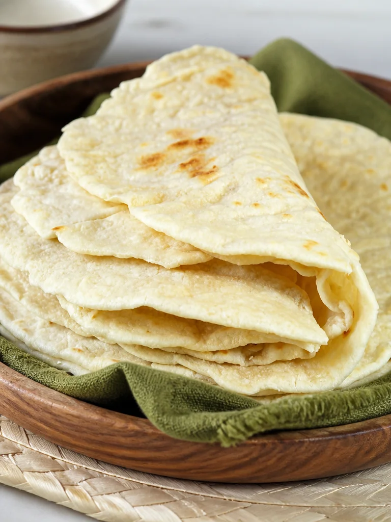 Perfect Homemade Flour Tortillas (Only 5 Ingredients) Freshly made homemade flour tortillas on a wooden table