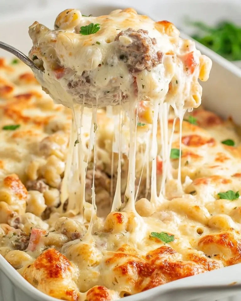 Delicious Philly Cheesesteak Casserole topped with melted cheese and peppers.