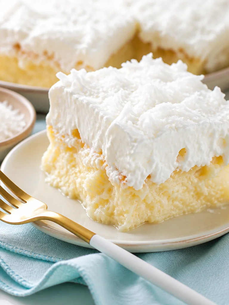 Delicious Pina Colada Poke Cake topped with coconut and pineapple