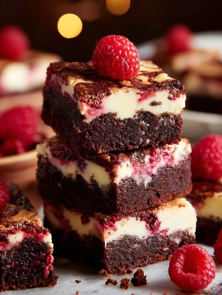 Delicious raspberry cheesecake brownies topped with fresh raspberries