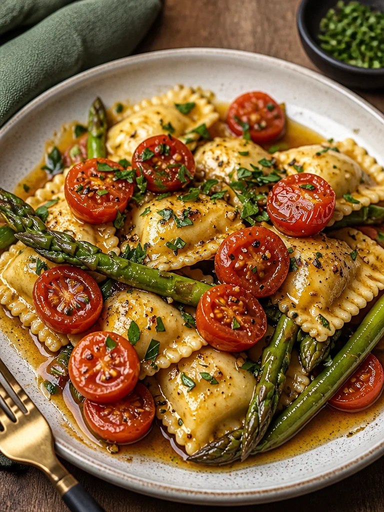 Plate of ravioli topped with tomatoes, asparagus, and herbs