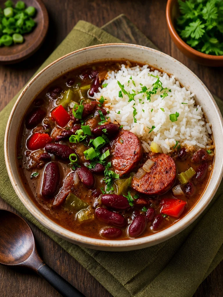 A hearty plate of red beans and rice with spices and herbs.