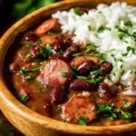 Delicious Red Beans & Rice with Andouille Sausage served in a bowl