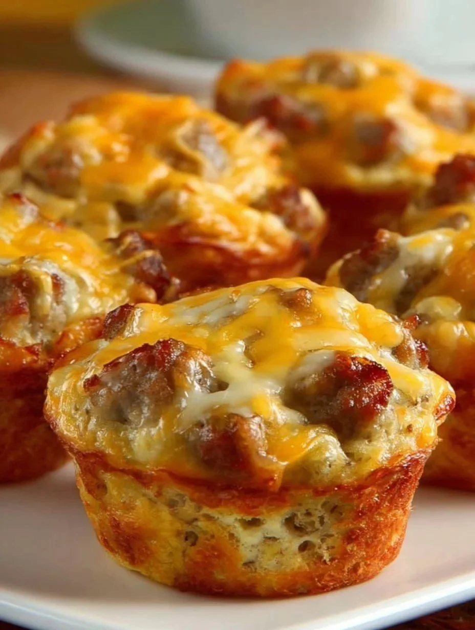Delicious sausage breakfast muffins on a wooden table.