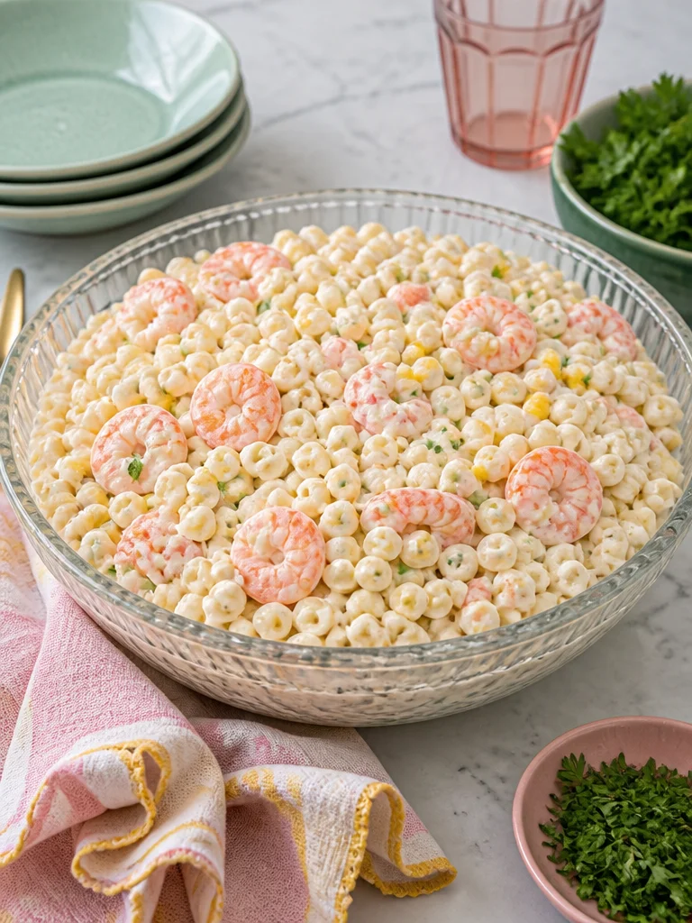 A vibrant seafood pasta salad topped with shrimp, mussels, and fresh vegetables.