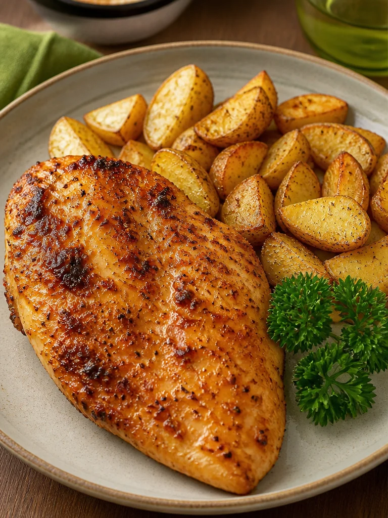 Sheet Pan Chicken and Potatoes dish ready to serve on a kitchen table