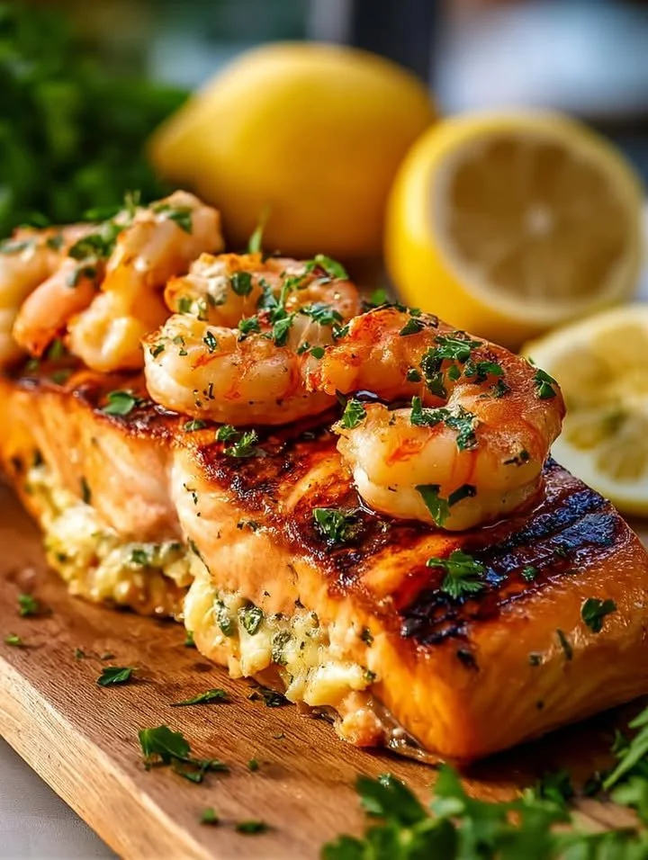 Shrimp and crab stuffed salmon on a plate with lemon garnish