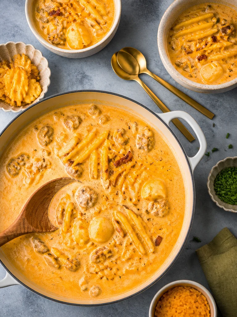Bowl of slow cooker cheeseburger soup garnished with cheese and herbs