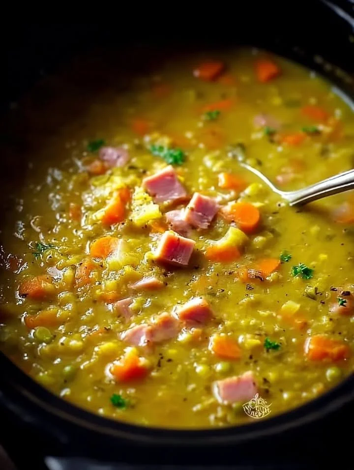 Bowl of delicious slow cooker split pea soup garnished with fresh herbs