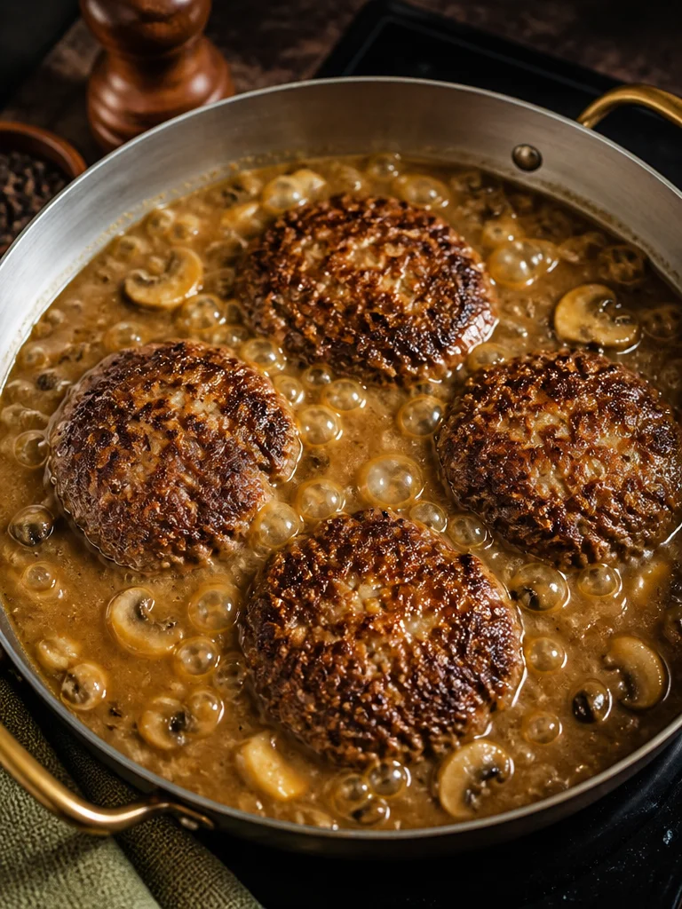 Smothered Hamburger Steaks in Gravy Smothered hamburger steaks served in rich gravy on a plate