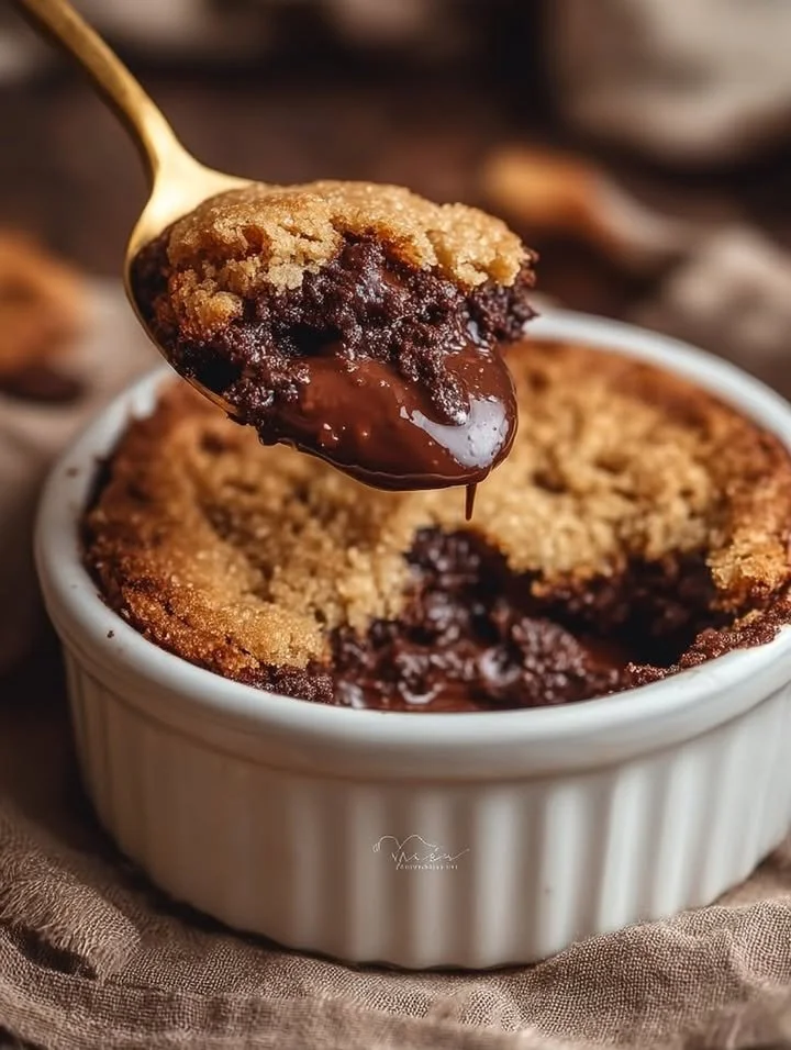 Delicious Southern Chocolate Cobbler topped with ice cream and chocolate sauce.