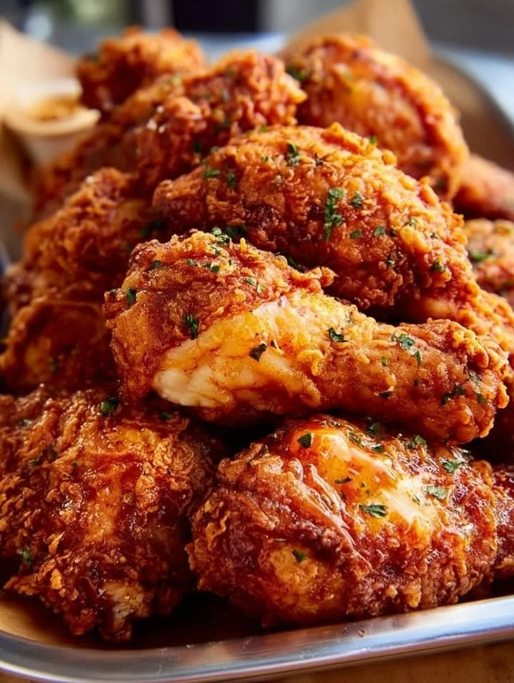 Delicious Southern fried chicken served with sides on a rustic table
