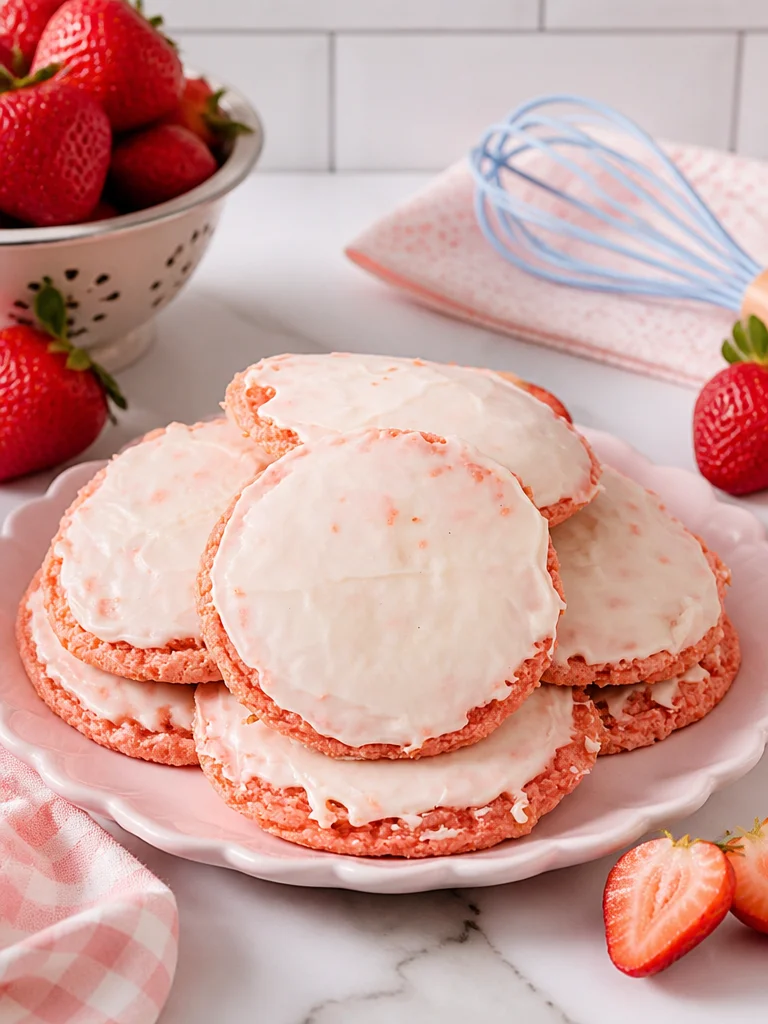 Strawberry Cool Whip Cookies decorated with fresh strawberries