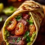 Surf and Turf Guacamole Wrap filled with steak and shrimp, served fresh