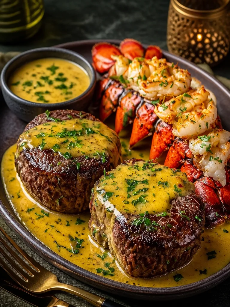 Delicious surf and turf lobster sauce served over grilled steak and seafood