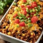 A delicious Taco Rice Casserole served in a dish with toppings