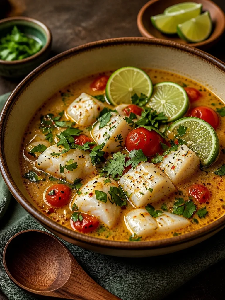 Bowl of Thai-style coconut lime fish soup garnished with herbs and lime slices.