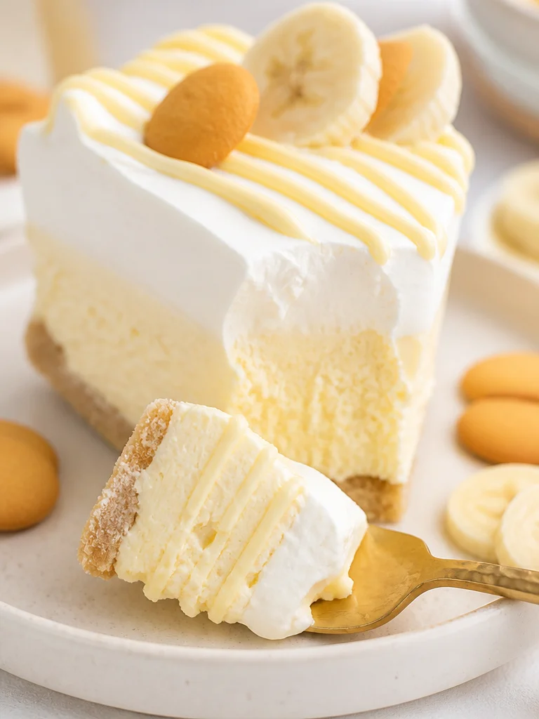Delicious banana pudding cheesecake topped with whipped cream and banana slices.