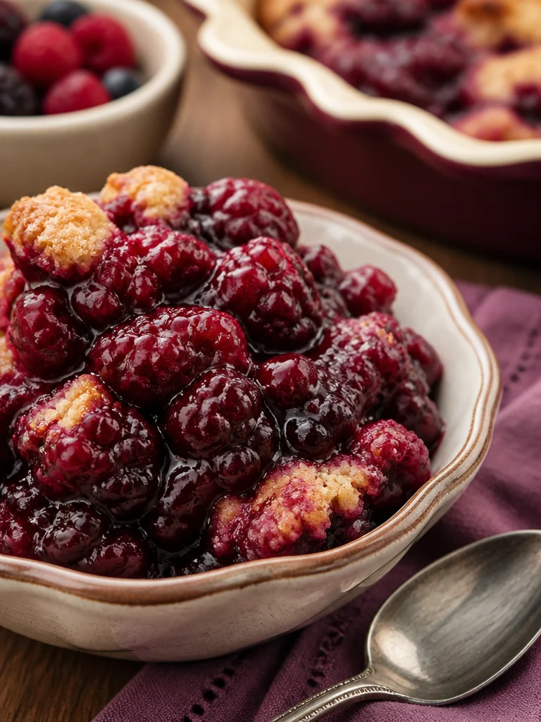 Freshly baked triple berry cobbler with mixed berries on top