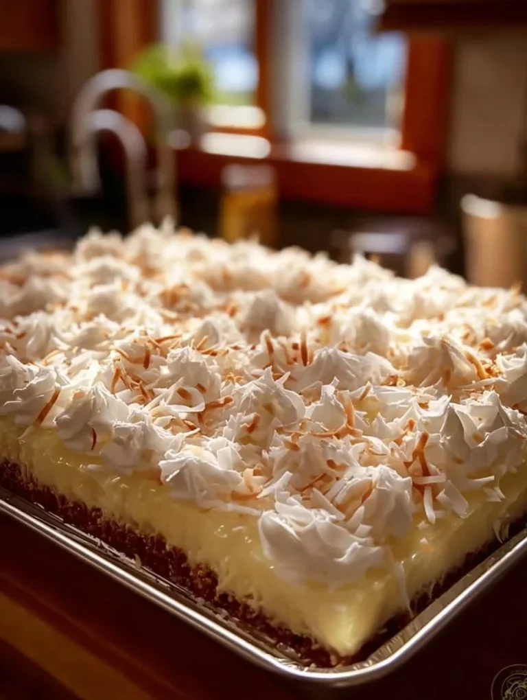 Very moist coconut sheet cake topped with coconut flakes and icing.