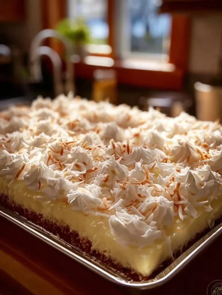 Very moist coconut sheet cake topped with coconut flakes and icing.