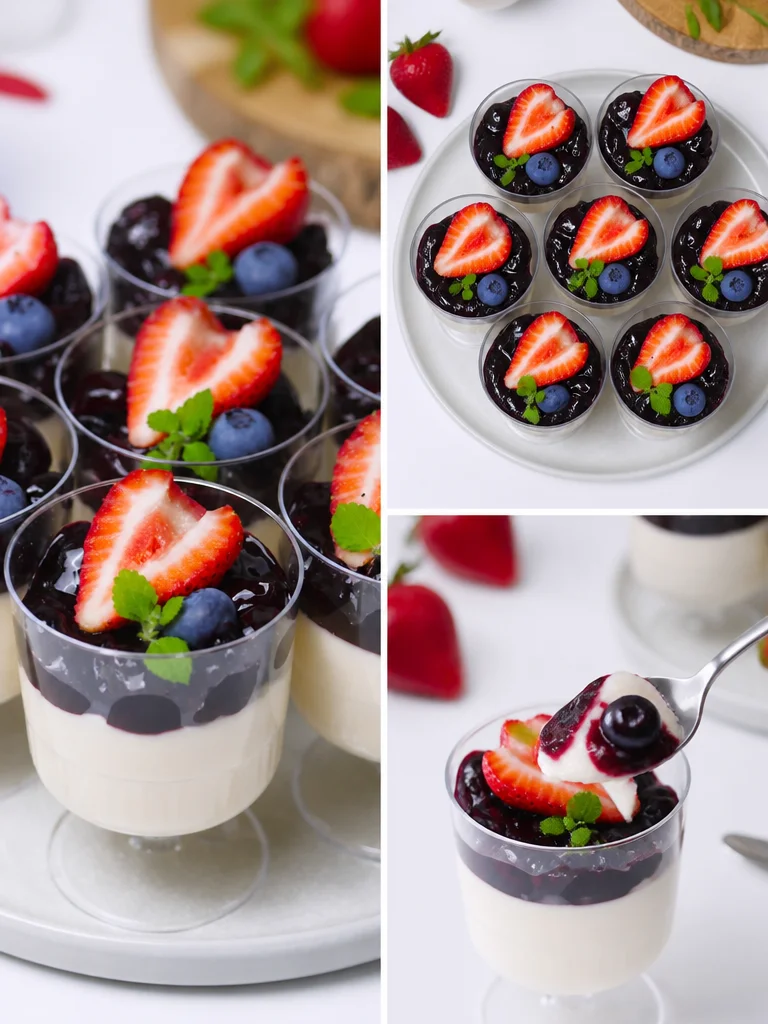 Delicious mixed berry panna cotta topped with fresh berries