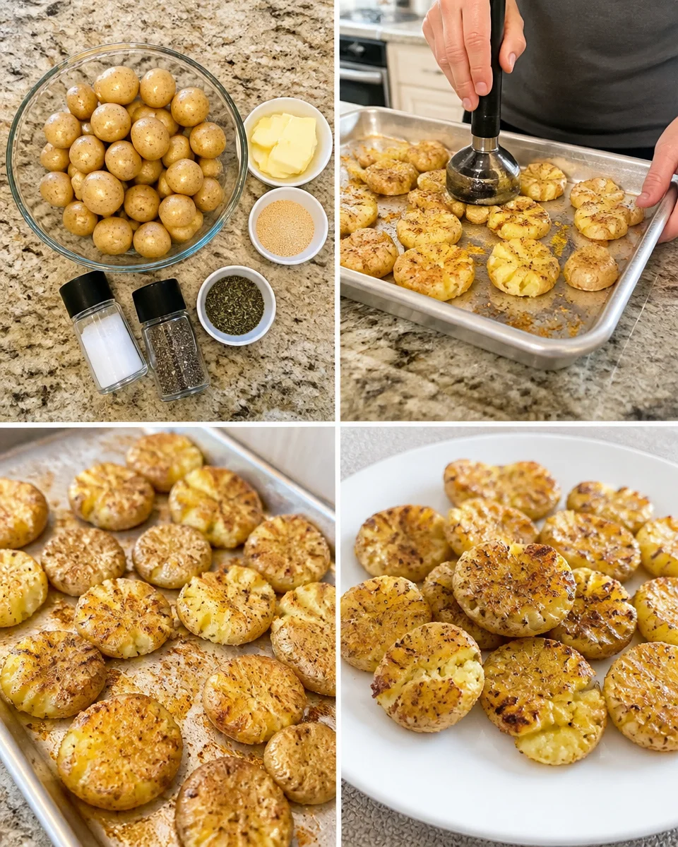 Plate of crispy air fryer smashed potatoes with herbs and seasoning