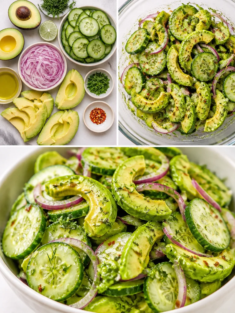 Refreshing avocado salad with fresh vegetables and dressing