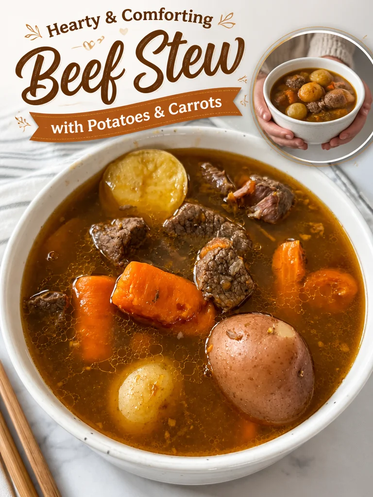 Hearty beef stew with potatoes and carrots in a bowl, ready to serve.