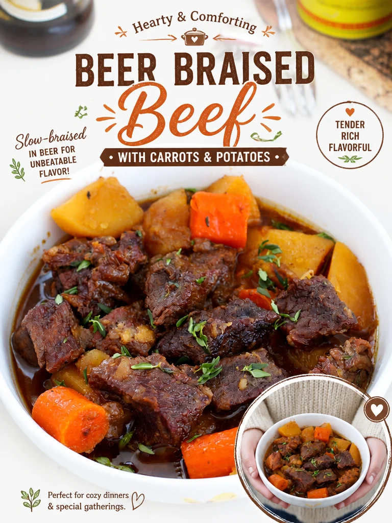 Delicious Beer Braised Beef served with carrots and potatoes in a rustic setting