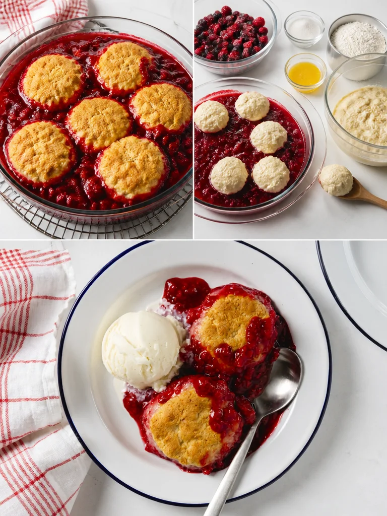 Delicious homemade Berry Cobbler served in a baking dish with fresh berries
