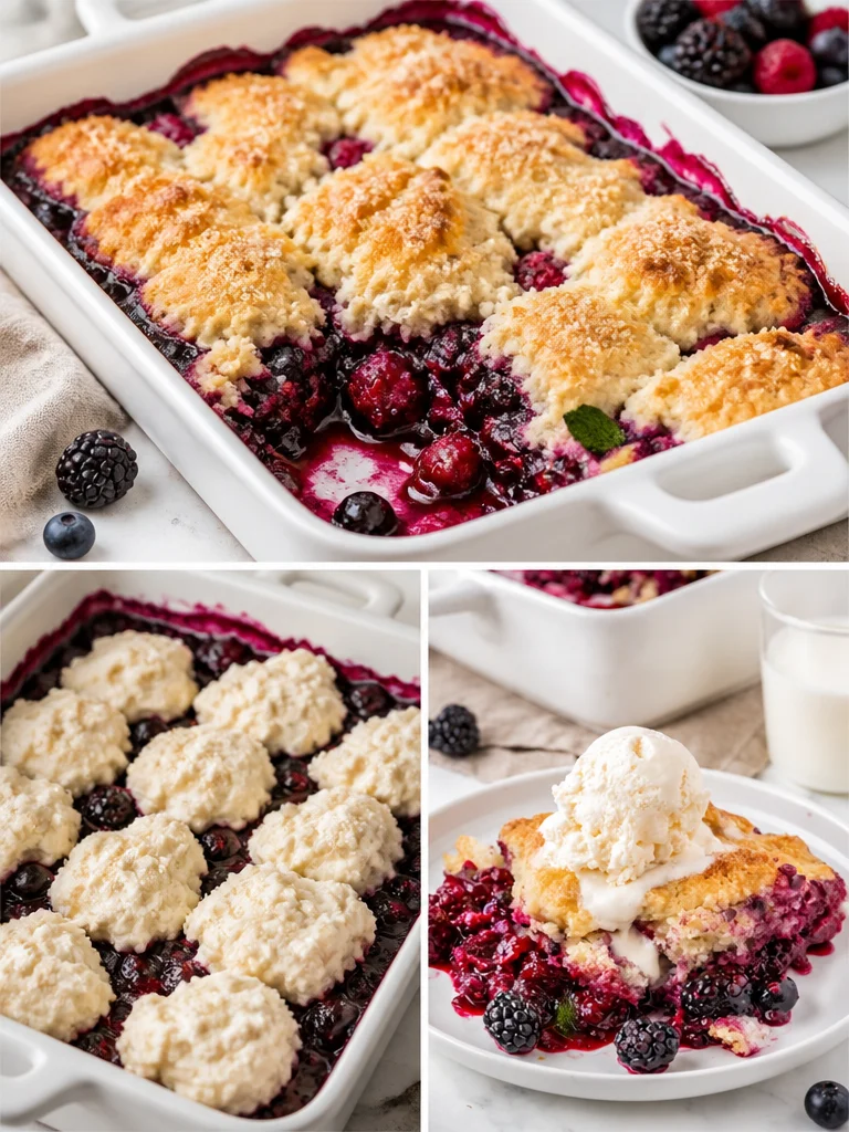 Delicious homemade berry cobbler with fresh berries and a golden topping