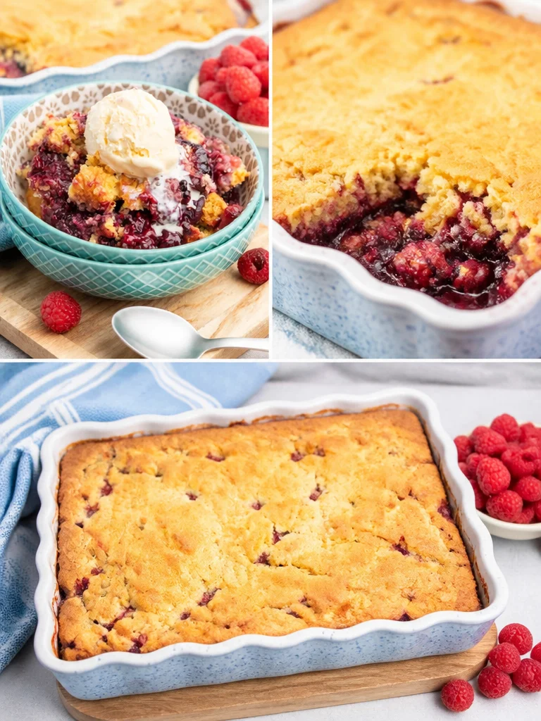 Delicious berry cobbler made with cake mix, served in a baking dish.